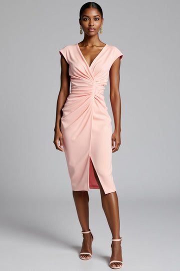 Ruched Pink V-Neck Bodycon Midi Work Dress